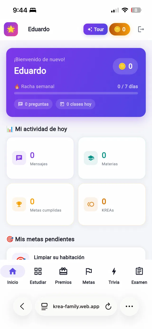 KREA Family: panel del alumno con KREAs y racha semanal